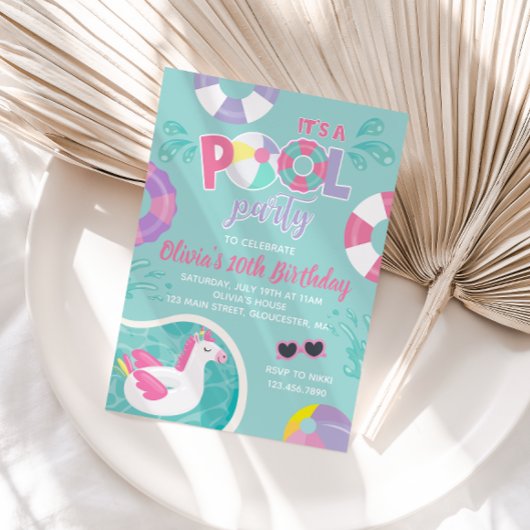 プールパーティーユニコーンプールフロートピンクサマー誕生日 招待状