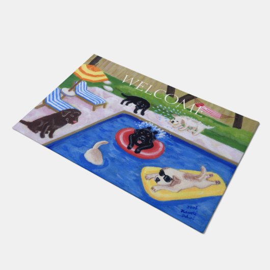 プールパーティーラブラドール絵画おもしろい ドアマット (アングル)