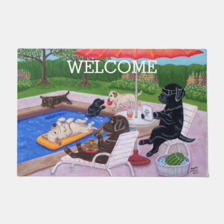 プールパーティーラブラドール2絵画 ドアマット