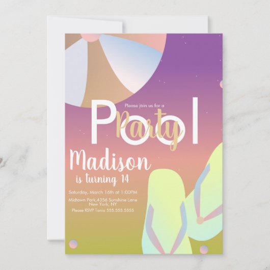 プールパーティーレインボーグラデーション誕生日 招待状 (正面)