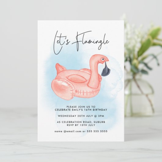 プールパーティーレッツフラミンゴフラミンゴ10代の誕生日 招待状 (スタンド正面)