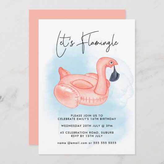 プールパーティーレッツフラミンゴフラミンゴ10代の誕生日 招待状 (正面/裏面)