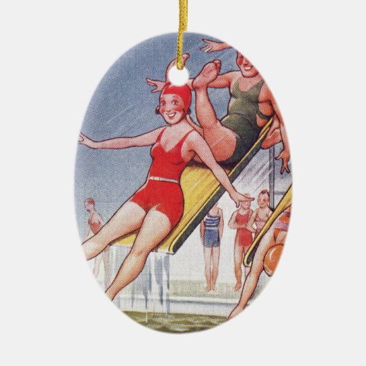 プールパーティーヴィンテージスイミングサマー セラミックオーナメント (正面)