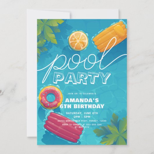 プールパーティー任意のモダン年の熱帯誕生日 招待状 (正面)