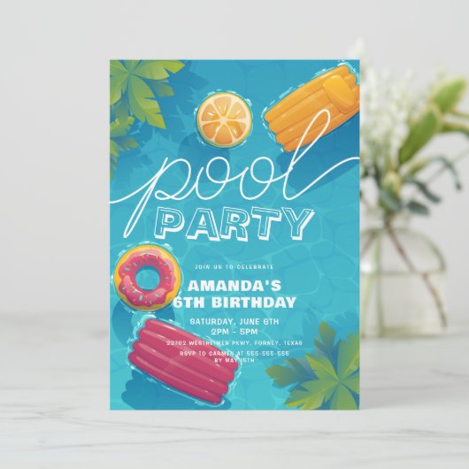 プールパーティー任意のモダン年の熱帯誕生日 招待状 (スタンド正面)
