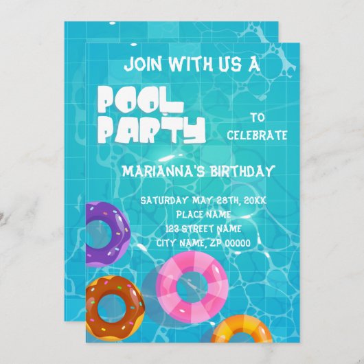 プールパーティー任意の年齢誕生日 招待状 (正面/裏面)