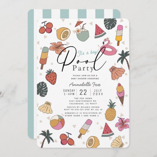 プールパーティー夏のアイテム男の子ベビーシャワー 招待状 (正面/裏面)