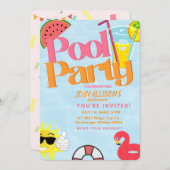 プールパーティー夏の誕生日の招待状スイカ 招待状 (正面/裏面)