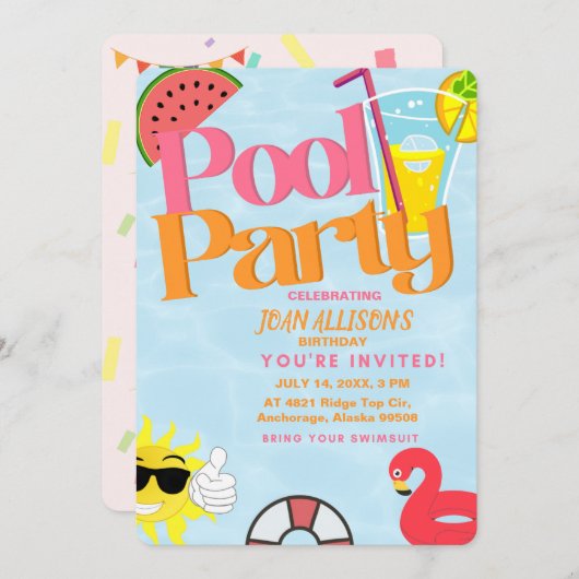 プールパーティー夏の誕生日の招待状スイカ 招待状 (正面/裏面)