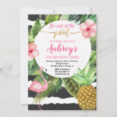 プールパーティー女の子の誕生日、フラミンゴ熱帯熱 招待状 (正面)