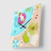 プールパーティー女子ビキニ夏ビーチ スクエア壁時計 (傾斜)