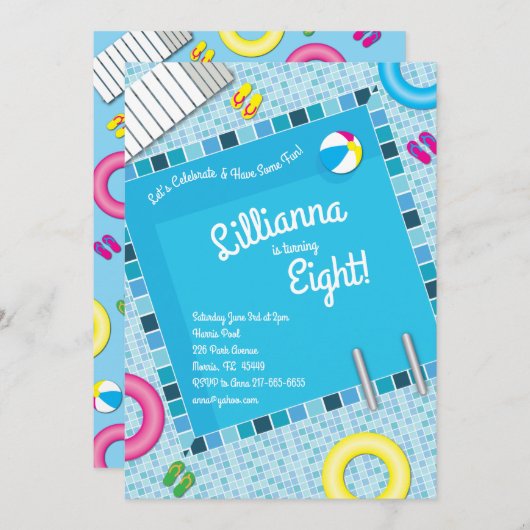 プールパーティー子供の誕生日サマー 招待状 (正面/裏面)