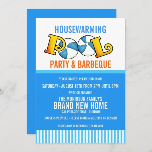 プールパーティー引っ越し祝いパーティーパーティの招待状 招待状 (正面/裏面)