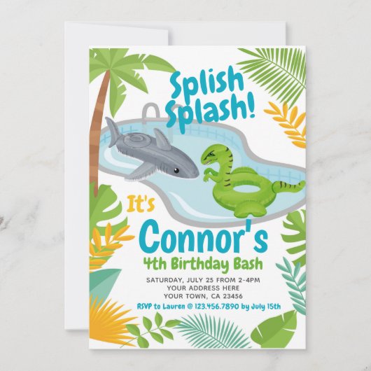 プールパーティー恐竜とシャーク誕生日招待状 招待状 (正面)