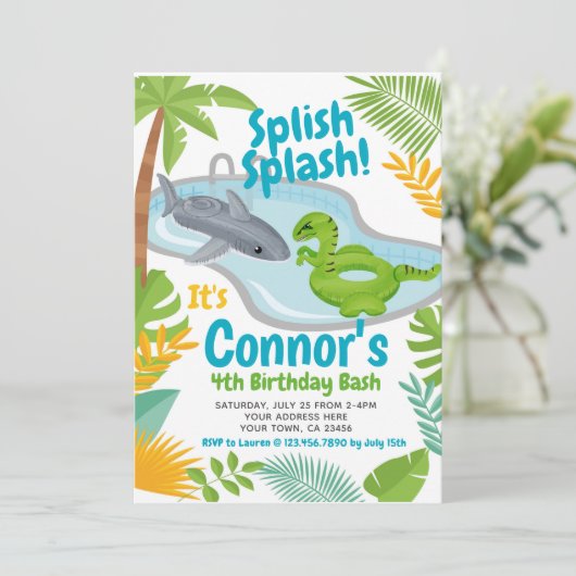 プールパーティー恐竜とシャーク誕生日招待状 招待状 (スタンド正面)