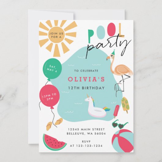 プールパーティー明るい誕生日パーティー 招待状 (正面)
