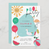 プールパーティー明るい誕生日パーティー 招待状 (正面/裏面)