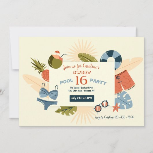 プールパーティー時間招待状 招待状 (正面)