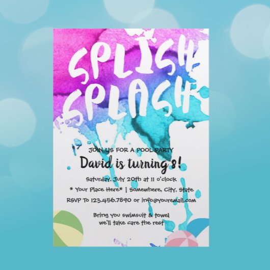 プールパーティー水彩スプラッシュ誕生日 招待状
