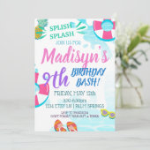 プールパーティー水彩スプラッシュ誕生日RSVP 招待状 (スタンド正面)