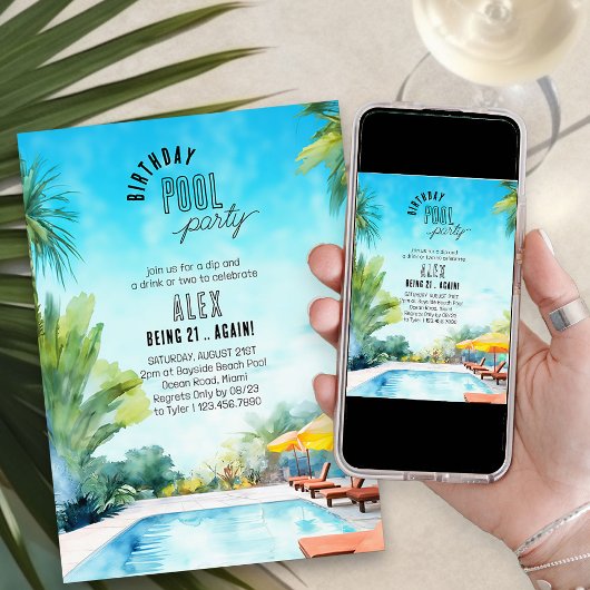 プールパーティー水彩任意の年齢大人誕生日 招待状