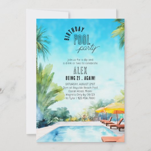プールパーティー水彩任意の年齢大人誕生日 招待状 (正面)