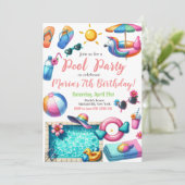プールパーティー水彩夏をテーマにした誕生日 招待状 (スタンド正面)