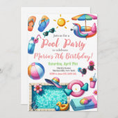 プールパーティー水彩夏をテーマにした誕生日 招待状 (正面/裏面)