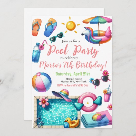 プールパーティー水彩夏をテーマにした誕生日 招待状 (正面/裏面)
