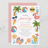 プールパーティー熱帯夏バースデーパーティー 招待状 (正面/裏面)