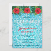 プールパーティー熱帯赤ハイビスカスフラワーズ誕生日 招待状 (正面)