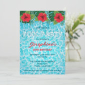 プールパーティー熱帯赤ハイビスカスフラワーズ誕生日 招待状 (スタンド正面)