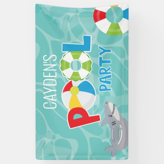 プールパーティー男の子サメ誕生日 横断幕 (縦)