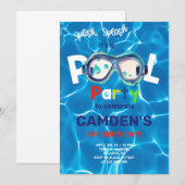 プールパーティー男子誕生日招待状、ゴーグル。 招待状 (正面/裏面)