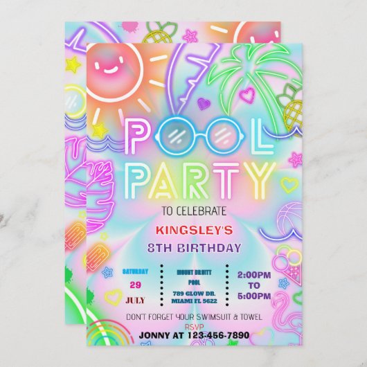 プールパーティー絞り染め誕生日の招待02 招待状 (正面/裏面)