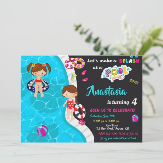 プールパーティー誕生日の招待ガールプール招待状 招待状 (スタンド正面)