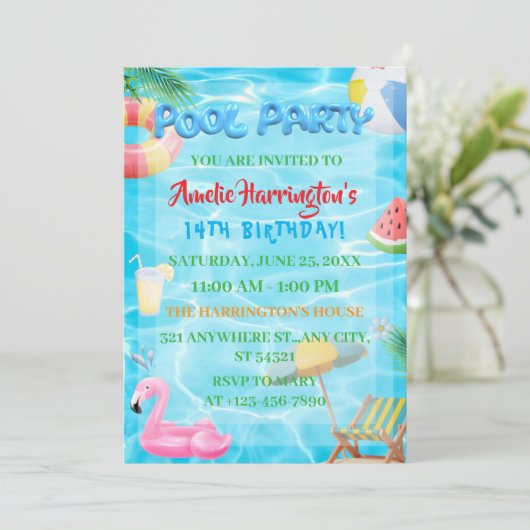 プールパーティー誕生日への招待、夏のパーティー 招待状 (スタンド正面)
