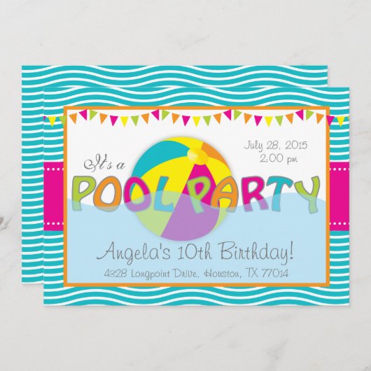プールパーティー誕生日ガール招待状 招待状 (正面/裏面)