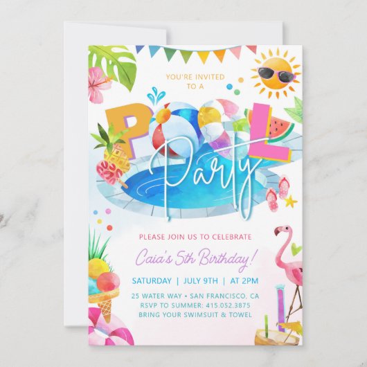 プールパーティー誕生日ガール誕生日プールパーティー 招待状 (正面)