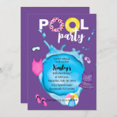 プールパーティー誕生日スプラッシュヒョウ水着パープル 招待状 (正面/裏面)