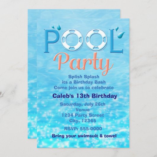 プールパーティー誕生日タイポグラフィサマー招待状 招待状 (正面/裏面)