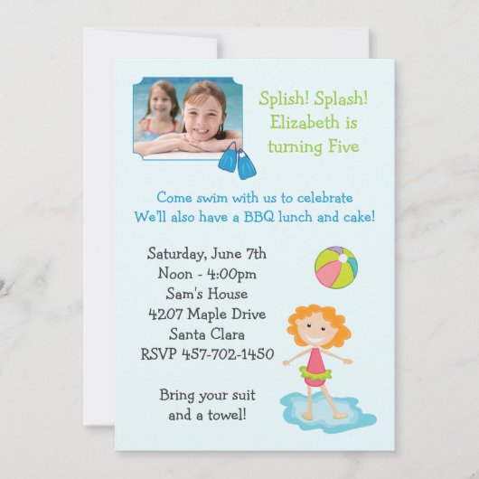 プールパーティー誕生日パーティーの招待 招待状 (正面)