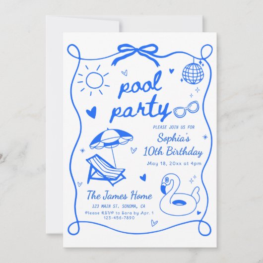 プールパーティー誕生日パーティー招待テンプレート、ハン 招待状 (正面)