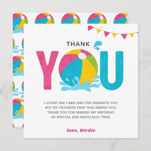プールパーティー誕生日ピンクの女の子への感謝カード サンキューカード (正面/裏面)