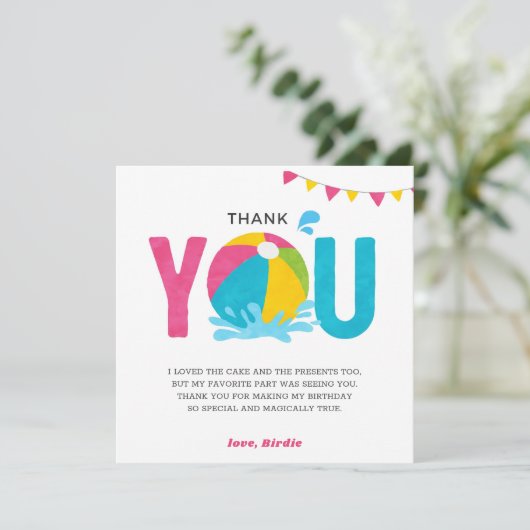 プールパーティー誕生日ピンクの女の子への感謝カード サンキューカード (スタンド正面)