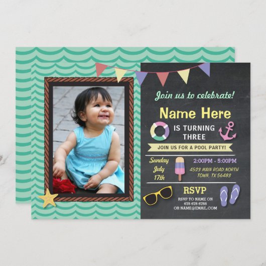 プールパーティー誕生日フォトサマーいかり招待状 招待状 (正面/裏面)