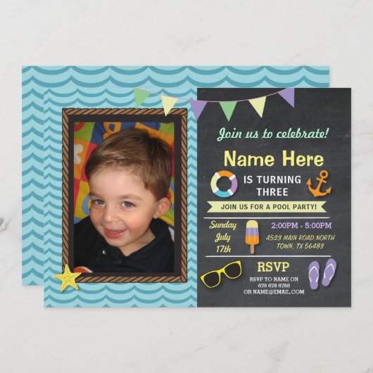 プールパーティー誕生日フォトサマーブルー招待状 招待状 (正面/裏面)
