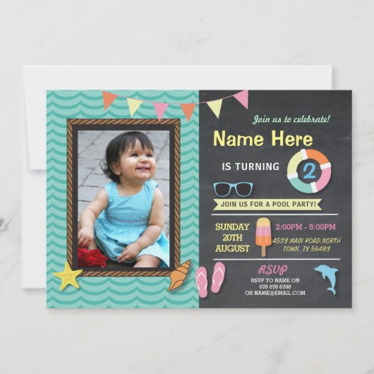 プールパーティー誕生日フォトサマーミント招待状 招待状 (正面)