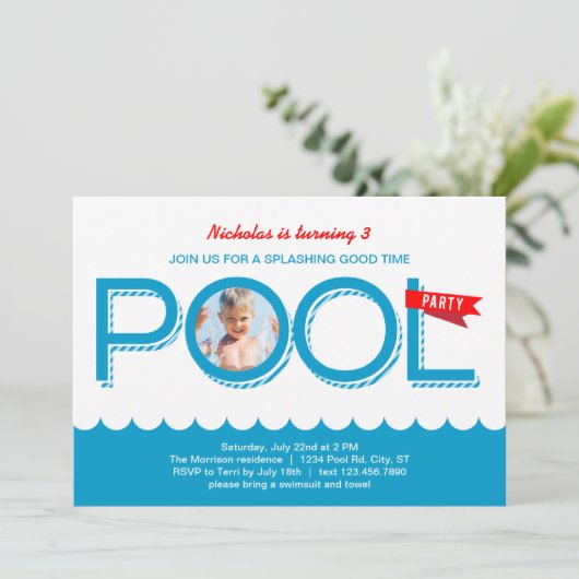 プールパーティー誕生日フォト招待状 招待状 (スタンド正面)