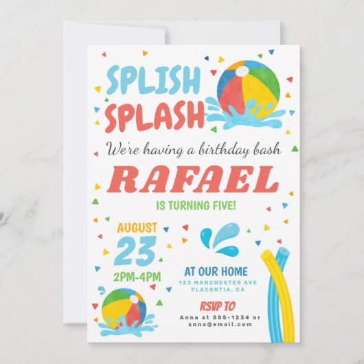 プールパーティー誕生日ボーイガール 招待状 (正面)